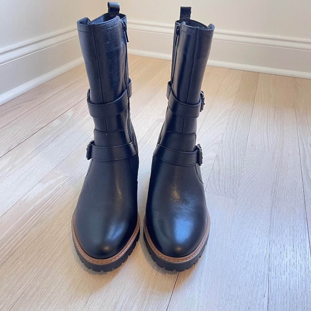 Naturalizer Black Leather Moto Lug Sole Boots 8.5W Wide Width